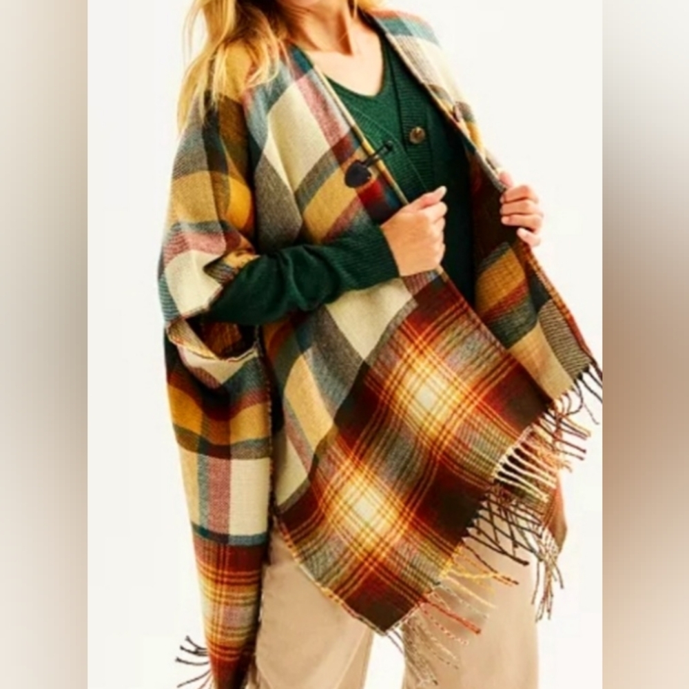 Sonoma Plaid Fall Colorway Single Button Closer Poncho Shawl Top
